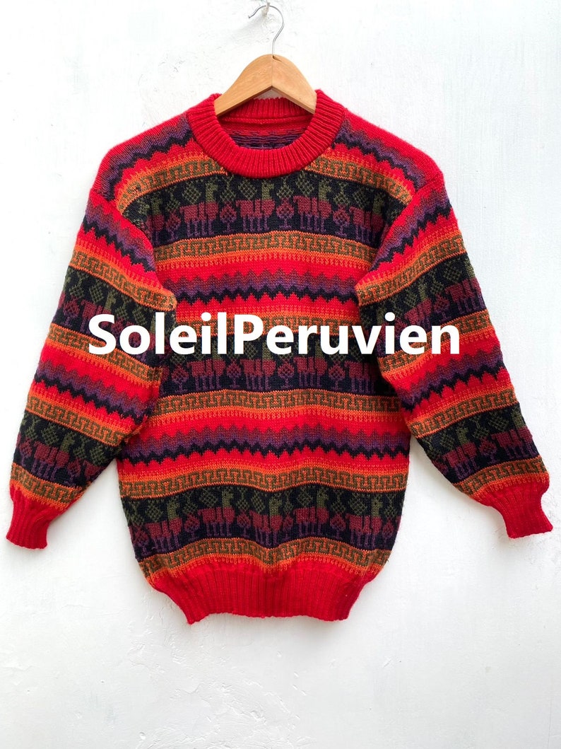 May include: Red, orange, purple, green, and black striped sweater with a llama pattern. The sweater has a crew neck and long sleeves. The text "SoleilPeruvien" is printed on the front of the sweater.