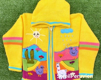 Maglione con cappuccio giallo peruviano per bambini, cardigan in lana per bambini Perù unico, giacca in lana per bambini peruviana, maglione ricamato per bambini