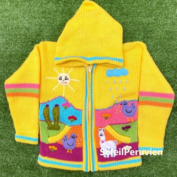Children peruvian yellow hoodie sweater, Unique Peru Kids Wool Cardigan, Peruvian toddler wool jacket, Toddler embroidered sweater kids