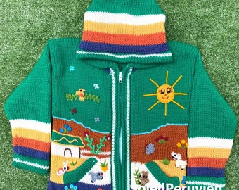 Children peruvian green hoodie sweater, Unique Peru Kids Wool Cardigan, Peruvian toddler wool jacket, Toddler embroidered sweater kids