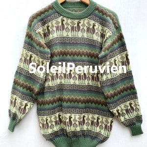 May include: A green, brown, and cream striped sweater with a llama pattern. The sweater has a crew neck and long sleeves. The text "Soleil Peruvien" is printed on the front of the sweater.
