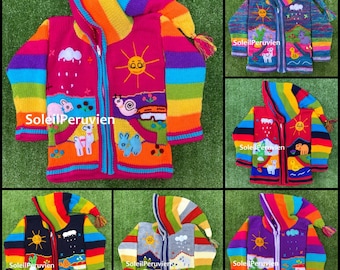 Children peruvian hoodie sweater, Unique Peru Kids Wool Cardigan, Peruvian toddler wool jacket, Toddler embroidered sweater kids