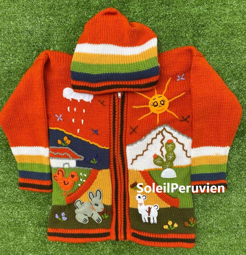 Children Peruvian Orange Hoodie Sweater, Unique Peru Kids Wool Cardigan
