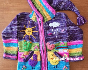 Purple Children peruvian hoodie sweater, Unique Peru Kids Wool Cardigan, Peruvian toddler wool jacket, Toddler embroidered sweater kids