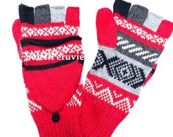 Manoplas convertibles rojas de alpaca bebé, guantes de lana de alpaca con engrosamiento de dedos expuestos, guantes de punto de invierno, manoplas cálidas, guantes de medio dedo