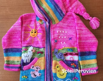 Fucshia Children peruvian hoodie sweater, Unique Peru Kids Wool Cardigan, Peruvian toddler wool jacket, Toddler embroidered sweater kids