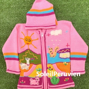 Children peruvian pink hoodie sweater, Unique Peru Kids Wool Cardigan, Peruvian toddler wool jacket, Toddler embroidered sweater kids