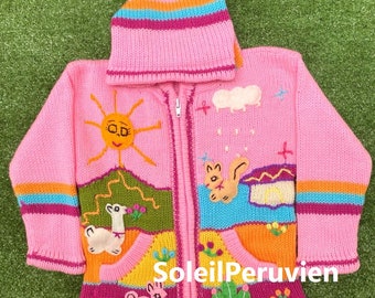 Children peruvian pink hoodie sweater, Unique Peru Kids Wool Cardigan, Peruvian toddler wool jacket, Toddler embroidered sweater kids