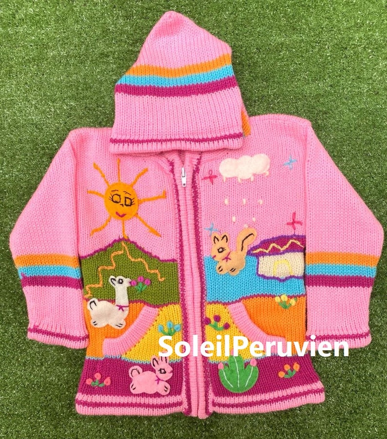 Children Peruvian Orange Hoodie Sweater, Unique Peru Kids Wool Cardigan