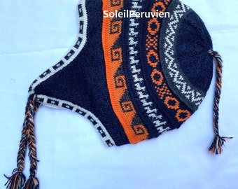Blue with Orange Unisex Peruvian Alpaca Hat chullo with Earflaps 100% Lining, Soft Fleece Lining Beanie hat, alpaca chullo peruvian hat