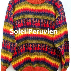 May include: A colorful, striped sweater with a geometric pattern. The sweater is made of a soft, knitted fabric and features a crew neck. The colors in the sweater are red, orange, yellow, green, and blue.