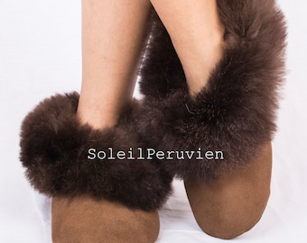 Brown with Border Brown Alpaca Slippers Unisex Alpaca fur slippers peruvian slippers alpaca slippers peru slippers