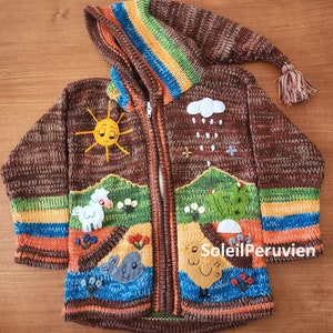 Brown Children peruvian hoodie sweater, Unique Peru Kids Wool Cardigan, Peruvian toddler wool jacket, Toddler embroidered sweater kids