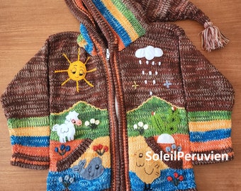 Brown Children peruvian hoodie sweater, Unique Peru Kids Wool Cardigan, Peruvian toddler wool jacket, Toddler embroidered sweater kids