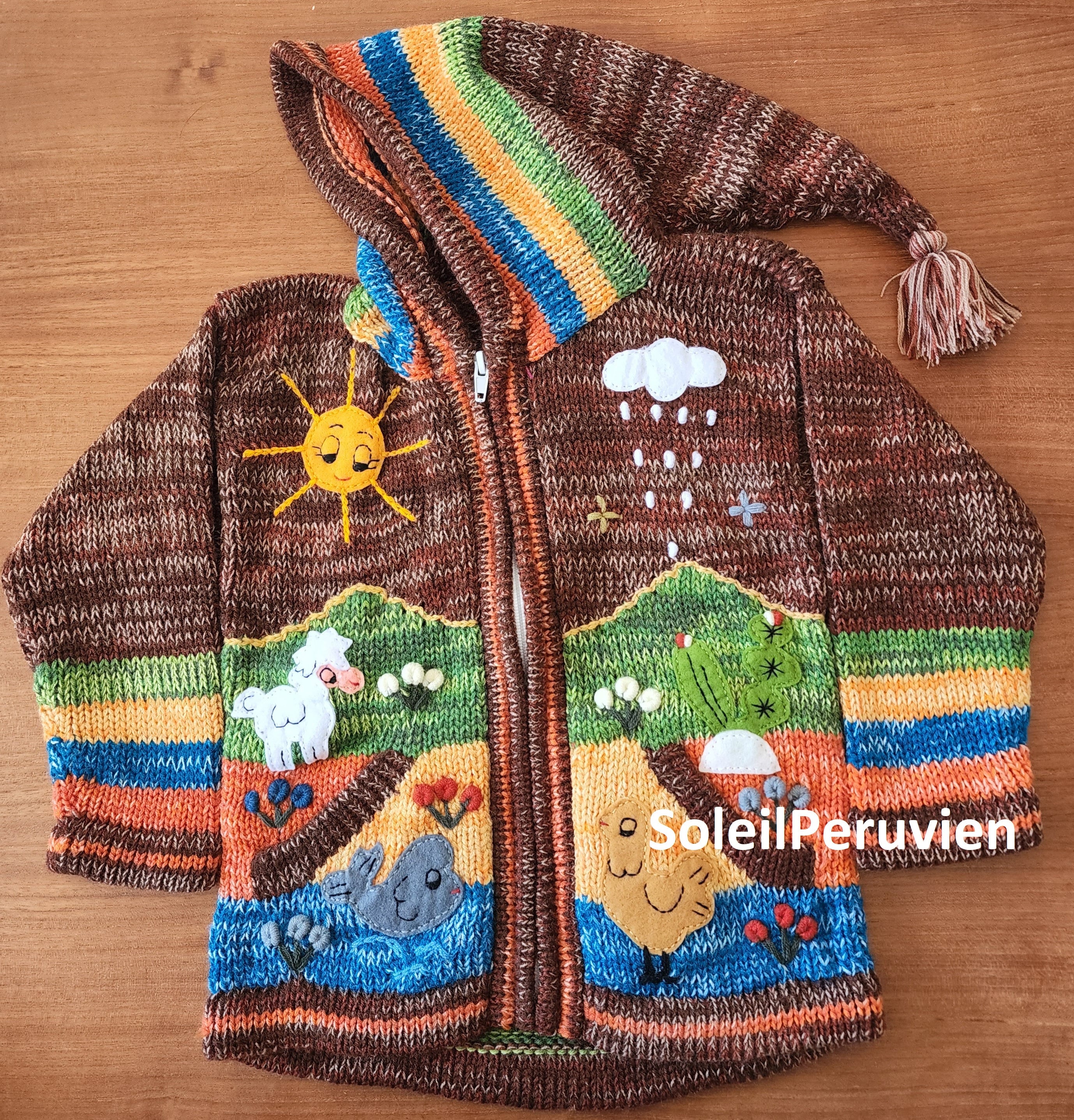 Brown Children peruvian hoodie sweater, Unique Peru Kids Wool Cardigan, Peruvian toddler wool jacket, Toddler embroidered sweater kids