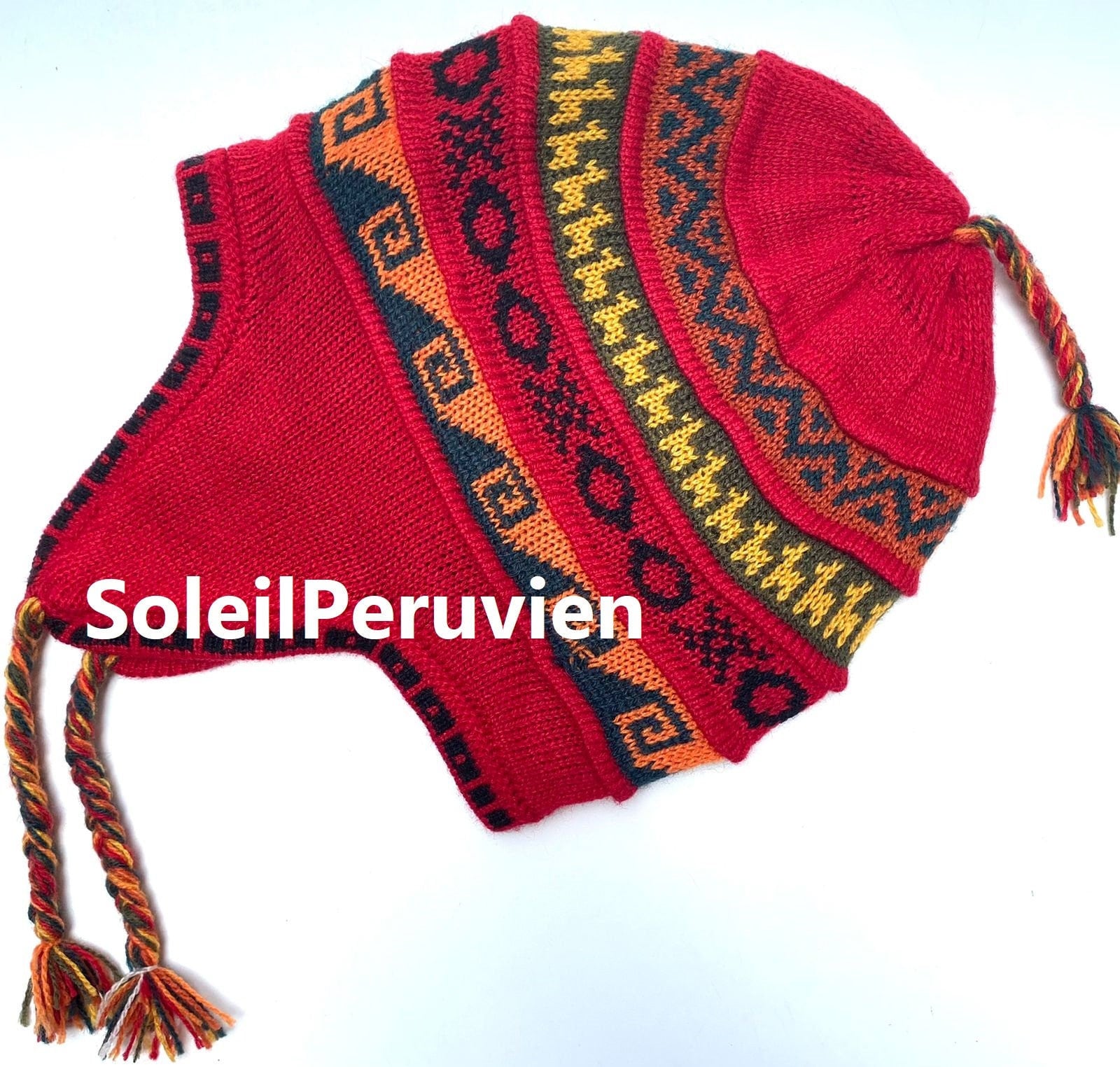 Authentic Peruvian Reversible Red Alpaca Hat S (Chullo) Authentic Alpaca Chullo Beanie from the Andes of Peru  main image 3