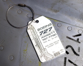 Aircraft Skin Keyring, Reclaimed aircraft skin tag, Ansett Boeing 727, Tail Number VH-RMS, Keychain tag, Collectable