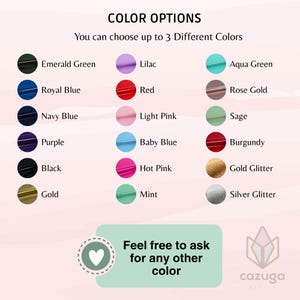 Puede incluir: Tabla de opciones de color con una variedad de colores, incluyendo verde esmeralda, azul real y rojo. El texto dice: "Puedes elegir hasta 3 colores diferentes". Una llamada a la acci&oacute;n anima a los clientes a preguntar por otros colores.