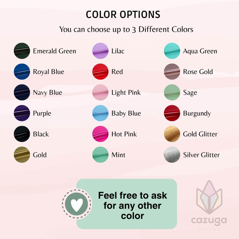 Puede incluir: Tabla de opciones de color con una variedad de colores, incluyendo verde esmeralda, azul real y rojo. El texto dice: "Puedes elegir hasta 3 colores diferentes". Una llamada a la acci&oacute;n anima a los clientes a preguntar por otros colores.