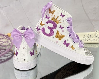 Princess Converse , Purple and Gold Shoes - Princess Butterfly Converse, Birthday Shoes, Pastel Butterfly Shoes, Butterflies