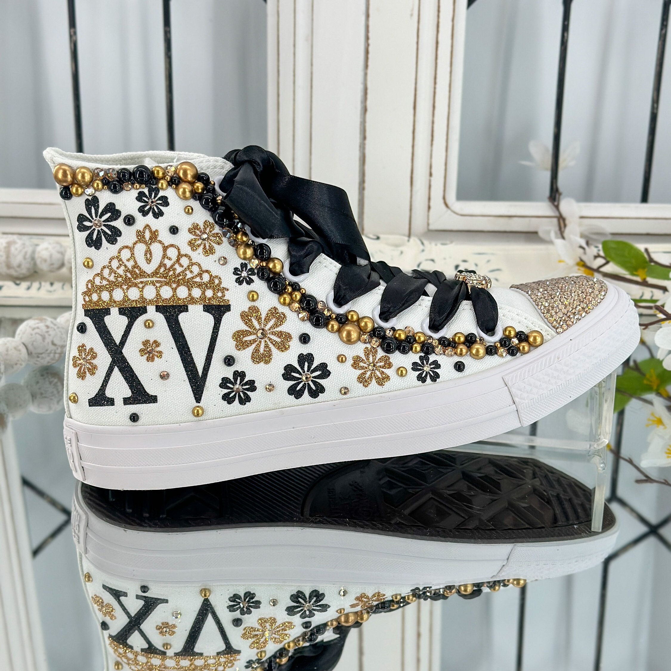 Flowers Fifteenth Birthday Converse Shoes Party Style Gold