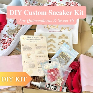 May include: A DIY custom sneaker kit in a cardboard box containing a sheet of gold crown decals, small bags of red and gold beads, a tube of B-7000 adhesive, red ribbon, and an instructional card titled How to Apply Heat Transfer Vinyl by Cazaga Design.