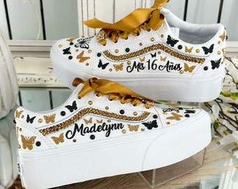 Platform vans Custom Quinceñeras, quinceñera shoes, zapatos personalizados de quinceñeras, bling shoes, custom vans