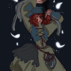May include: A woman with red hair wearing a blue and green outfit with a brown belt and a pouch. She is surrounded by white glowing orbs against a dark background.