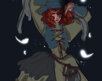 May include: A woman with red hair wearing a blue and green outfit with a brown belt and a pouch. She is surrounded by white glowing orbs against a dark background.