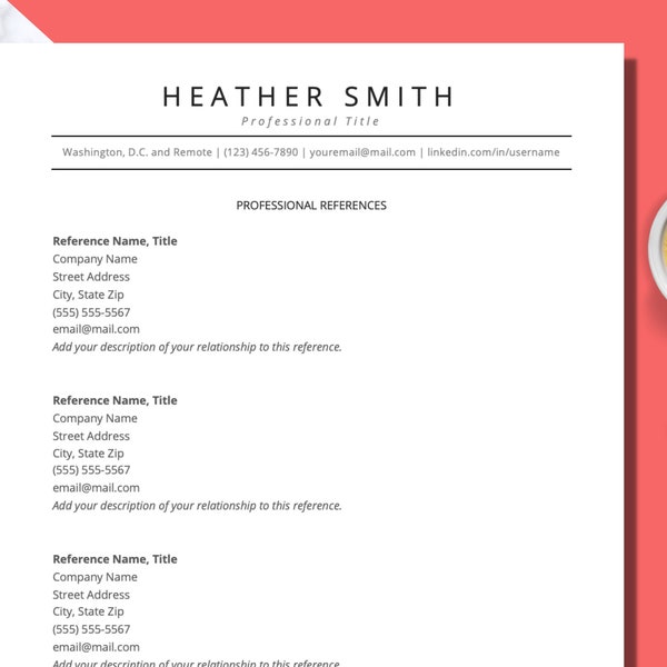 Resume references template for Word, Google Docs | Professional references list - DIGITAL DOWNLOAD