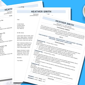 May include: A resume template with a blue and white color scheme. The resume is for Heather Smith, who is applying for a job in project management. The resume includes her skills, work experience, and education.