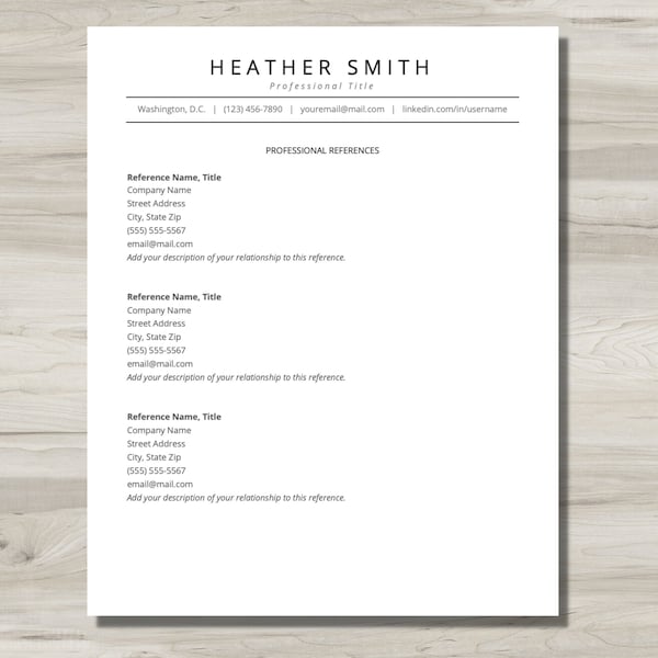 Minimalist, Professional References Template - DIGITAL DOWNLOAD template for Word, Google Docs