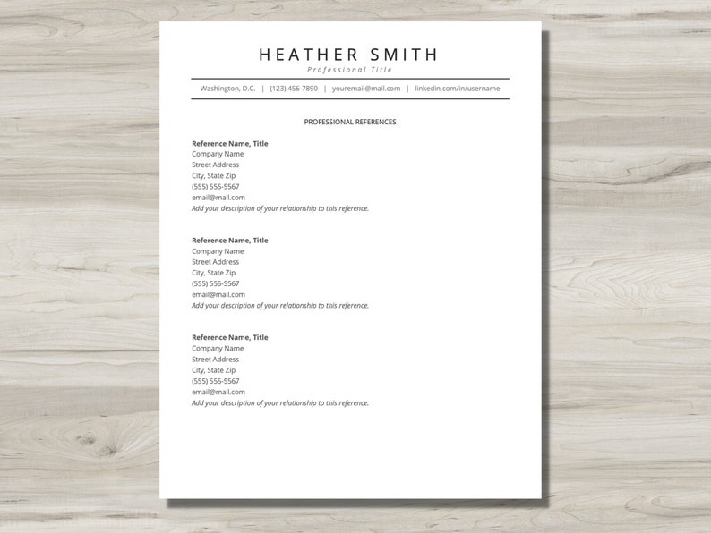 May include: A professional references section of a resume with the name Heather Smith at the top. The resume includes contact information, a professional title, and a section for professional references.