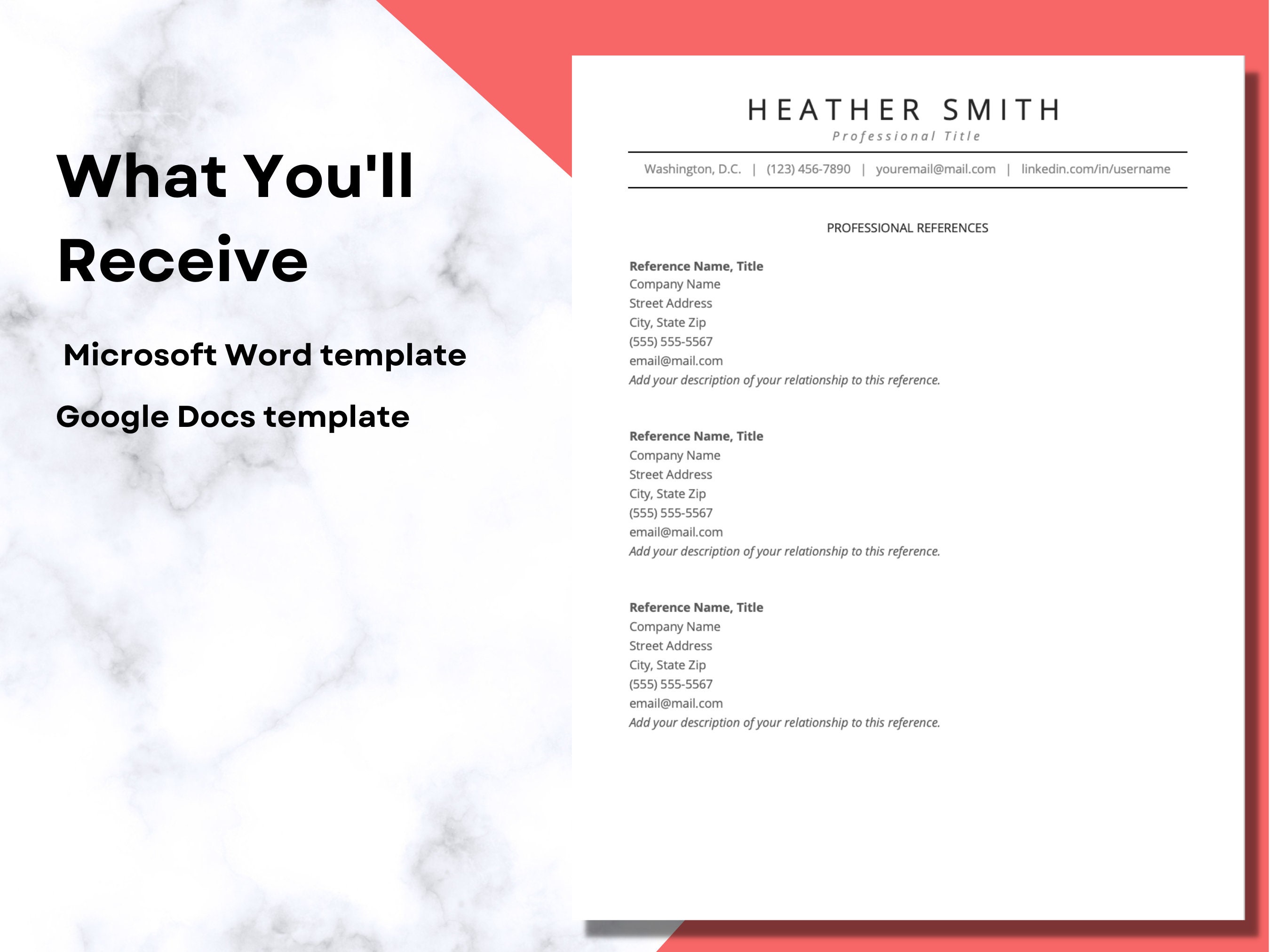 Resume References Template for Word, Google Docs Professional