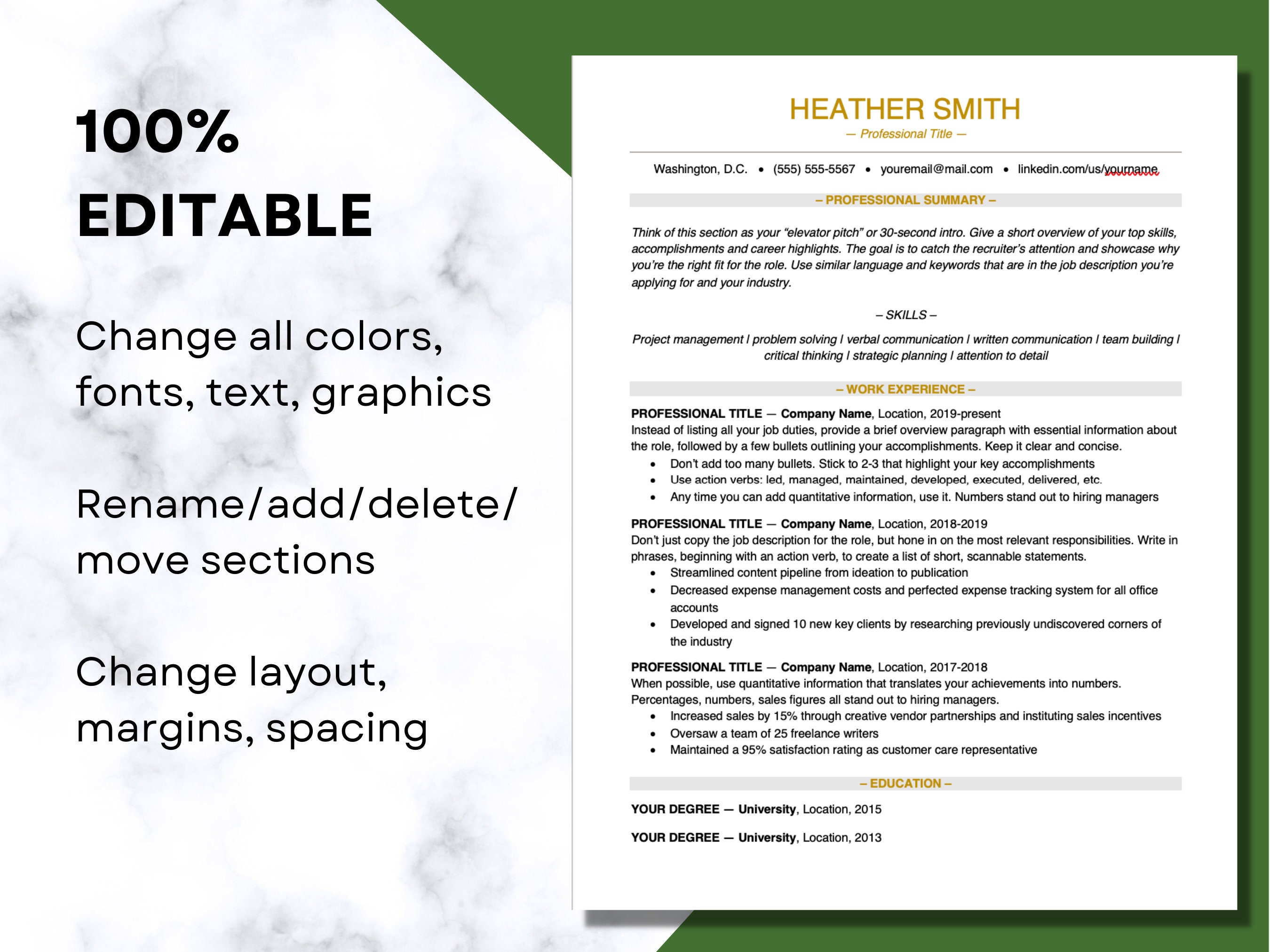 Professional Resume Template for Word, Google Docs With Cover Letter ...