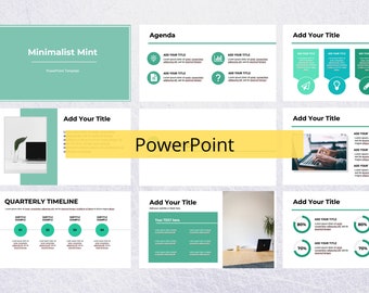 May include: A minimalist PowerPoint template with a mint green color scheme. The template includes slides for an agenda, quarterly timeline, and adding your own title. The text "PowerPoint" is displayed in a yellow box.