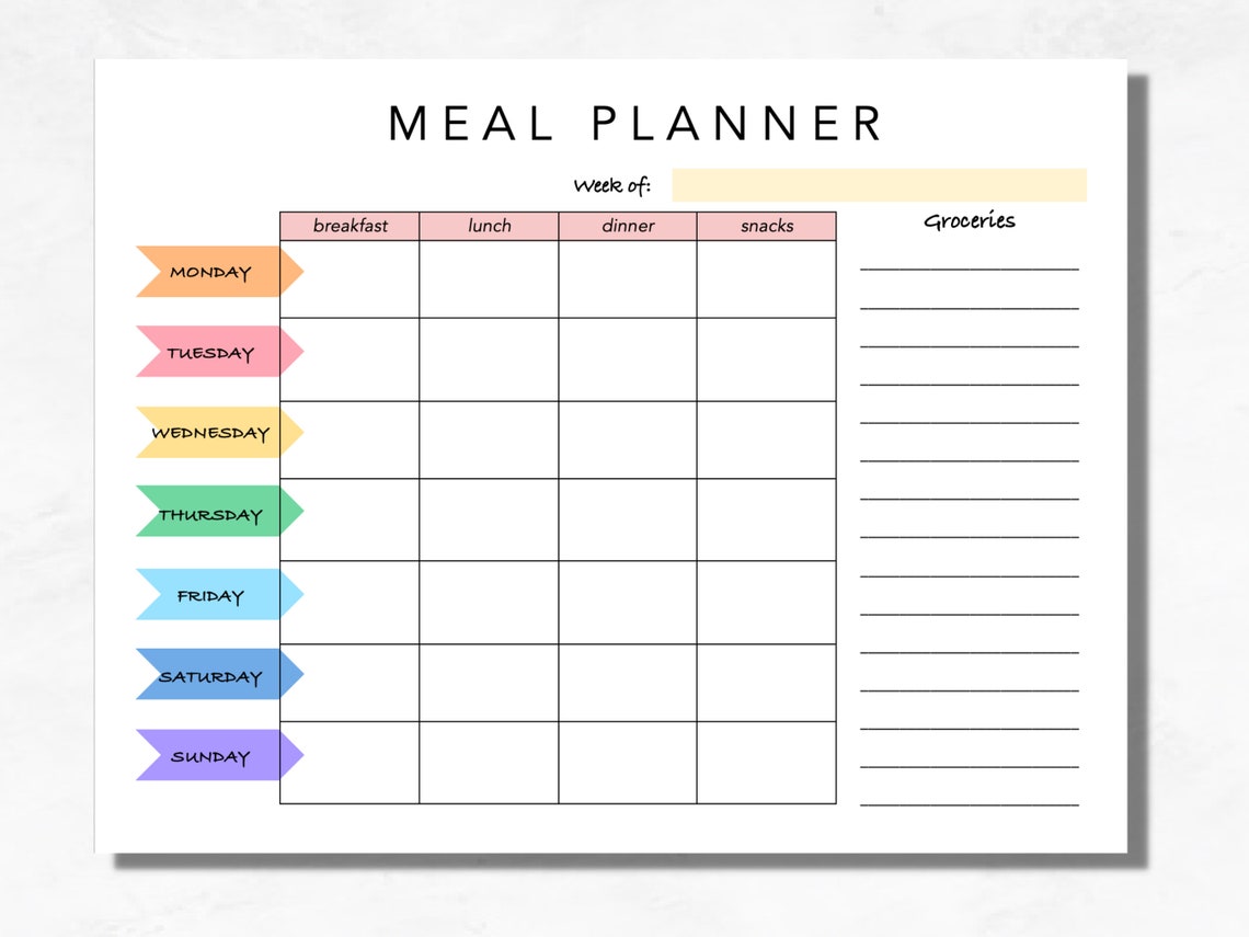 PRINTABLE Weekly Meal Planner With Grocery List *INSTANT DOWNLOAD* - Etsy