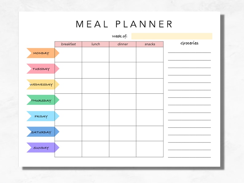 PRINTABLE Weekly Meal Planner With Grocery List *INSTANT DOWNLOAD* - Etsy