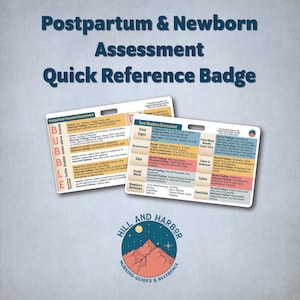 May include: Two white quick reference badges for postpartum and newborn assessment. The badges contain detailed medical information, including vital signs, skin assessments, and newborn reflexes. The text "Postpartum & Newborn Assessment Quick Reference Badge" is at the top.