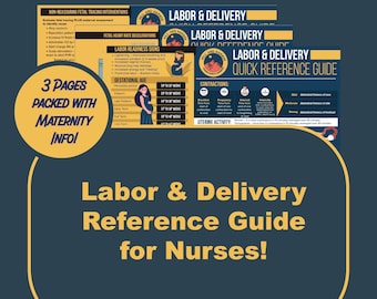May include: A blue and yellow quick reference guide for nurses on labor and delivery. The guide includes information on fetal heart rate decelerations, labor readiness signs, gestational age, contractions, and uterine activity.