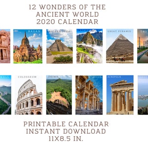 Calendario 2022 stampabile, 12 meraviglie del mondo antico, PDF, formato Lettera.