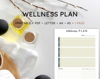 Puede incluir: Plantilla de plan de bienestar imprimible con secciones para el sueño, el estado de ánimo y el cuidado personal. La plantilla incluye un calendario semanal para realizar un seguimiento de las actividades de cuidado personal.