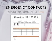 Emergency Contacts, Printable, Instant Download, Printable PDF, US Letter, A4, A5