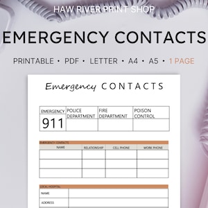 Emergency Contacts, Printable, Instant Download, Printable PDF, US Letter, A4, A5