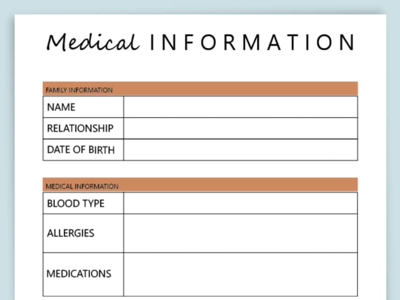 Medical Information, Printable, Instant Download, Printable PDF, US