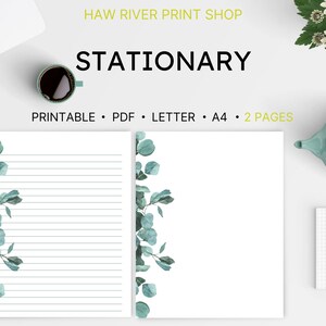 Printable Stationary, Eucalyptus, Note Paper, Letter Writing, Lined, Unlined, Instant Download, Printable PDF, US Letter, A4
