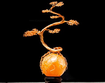 Copper Wire Bonsai Tree on Orange Selenite Sphere Crystal