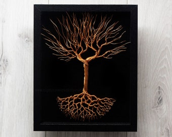 Floating Copper Wire Tree of Life Sculpture in Black Wood Frame