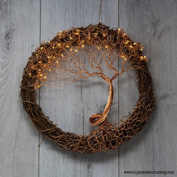 USB LED Lamp Copper Wire Bonsai Tree on Fall Autumn Wreath