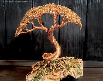 May include: A copper wire sculpture of a tree with a twisted trunk and a full canopy of leaves. The tree is mounted on a rock base with moss and copper wire roots.